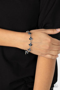 "Gala Garland" Silver Metal & Blue Rhinestone Leaf Clasp Bracelet