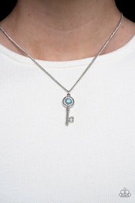 Paparazzi " Prized Key Player " Silver Metal Blue Rhinestone Key with Heart Necklace Set