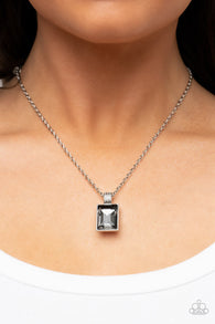 "Understated Dazzle" Silver Metal & Emerald Cut Gray Rhinestone Necklace Set