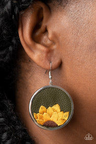 "Sun-Kissed Sunflowers" Green Leather & Sunflower Embroidered Earrings