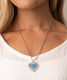 "Heart Full of Luster" Silver Metal & Blue Shimmery Opalite Halo Heart Necklace