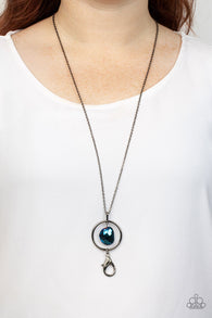 Paparazzi " Hands Down Dazzling " Gunmetal & Faceted Blue Crystal Lanyard Necklace Set