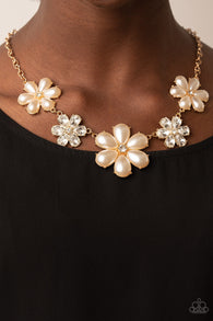 "Fiercely Flowering" Gold Metal White Pearls/Clear Rhinestones Flower Necklace Set