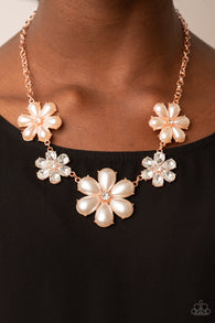 "Fiercely Flowering" Copper Metal White Pearls/Clear Rhinestones Flower Necklace Set