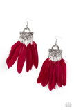 "Plume Paradise" Silver Metal Accents & Multi Red Feather Dangle Earrings