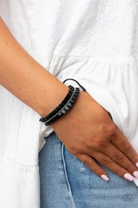 " Hard to Pleats " Black Pleated Leather & Silver Bead Adjustable Bracelet