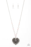 "Doting Devotion" Silver Metal Open Scroll Work Heart Pink Beaded Necklace Set