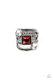 Paparazzi " Galactic Governess " Layered/Textured Silver Metal Red Rhinestone Elastic Ring