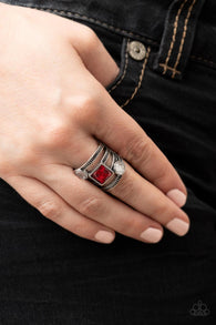 Paparazzi " Galactic Governess " Layered/Textured Silver Metal Red Rhinestone Elastic Ring