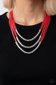 "Mechanical Mania" Multi Red Cord & Silver Metal Bars Layered Necklace Set