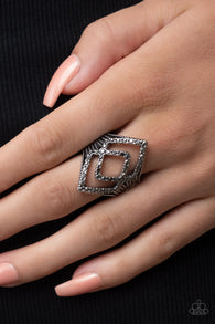 Paparazzi " Diamond Duet " Black Metal & Multi Diamond Shape Hematite Elastic Ring