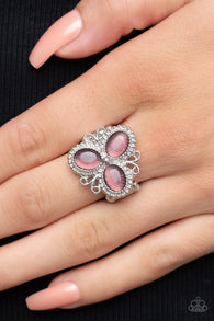 Paparazzi " Bewitched Blossoms " Silver Metal & Purple Cat's Eye Floral Elastic Back Ring