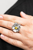 Paparazzi "Prismatically Petunia" Silver Metal & Yellow Rhinestone Accent Flower Elastic Ring