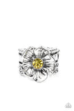 Paparazzi "Prismatically Petunia" Silver Metal & Yellow Rhinestone Accent Flower Elastic Ring