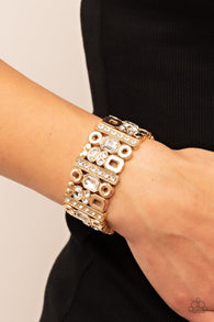 "Dynamically Diverse" Gold Metal Hematite & White Rhinestone Geometric Stretch Bracelet