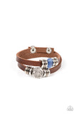 "All Willy-Nilly" Brown Leather Gunmetal/Silver Rings & Blue Cats Eye Adjustable Bracelet