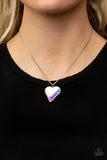 "Lockdown My Heart" Silver Metal & Rainbow Multi Iridescent Heart Necklace Set