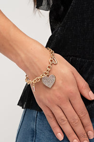 "Declaration of Love" Gold Metal & White Rhinestone "I Heart U" Charm Bracelet