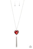 "Finding My Forever" Silver Metal Red Rhinestone Heart Tassel Necklace Set