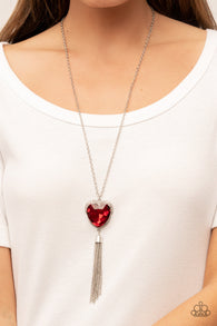 "Finding My Forever" Silver Metal Red Rhinestone Heart Tassel Necklace Set