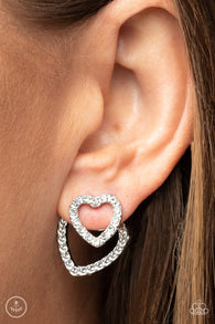 "Ever Enamored" Silver Metal & Clear/White Rhinestone Heart Ear Jacket Earrings