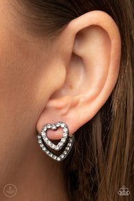 "Ever Enamored" Gunmetal & Clear/White Rhinestone Heart Ear Jacket Earrings