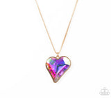 "Lockdown My Heart" Gold Metal & Rainbow Multi Iridescent Heart Necklace Set