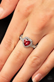 "Romantic Reputation" Silver Metal & Red Rhinestone Halo Heart Elastic Ring