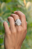 "Understated Drama" Silver Metal & White/Clear Round Rhinestone Elastic Band Ring