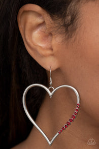 "Bewitched Kiss" Silver Metal Red Rhinestone Heart Hoop Dangle Earrings