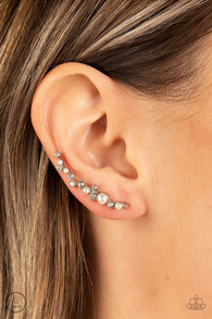 "Couture Crawl" Silver Metal & White Rhinestone/Pearl Ear Climber Earrings