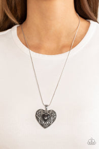 "Wholeheartedly Whimsical" Silver Metal & Black Stone Scroll Work Heart Necklace Set