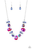 "Interstellar Ice" Silver Metal & Blue/Pink Iridescent Rhinestone Multi Shape Necklace Set