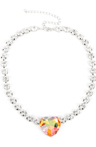 "Heart in my Throat" Silver Metal Multi Color Heart Rhinestone Chain Necklace Set