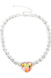 "Heart in my Throat" Silver Metal Multi Color Heart Rhinestone Chain Necklace Set