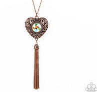 "Prismatic Passion" Copper Metal & Multi Peach Iridescent Heart Tassel Necklace Set