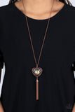 "Prismatic Passion" Copper Metal & Multi Peach Iridescent Heart Tassel Necklace Set