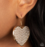 Paparazzi "Romantic Reign" Gold Metal and Pave Set White/Clear Rhinestone Heart Earrings