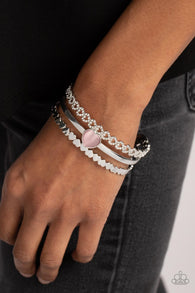 "You Win My Heart" Silver Metal White Rhinestone & Pink Cat's Eye Heart Cuff Bracelet