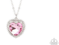 "Sweethearts Stroll" Silver Metal White/Pink Rhinestone Double Halo Heart Necklace Set