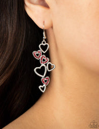 "Sweetheart Serenade" Silver Metal & Red Rhinestone Multi Heart Dangle Earrings