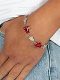 "Cluelessly Crushing" Silver Metal White & Red Rhinestone Heart Bracelet