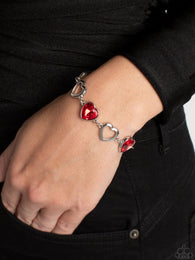 "Sentimental Sweethearts" Silver Metal & Red Rhinestone Hearts Bracelet