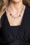 "Contemporary Cupid" Silver Metal & Red/Pink Rhinestone Hearts Necklace Set