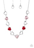 "Contemporary Cupid" Silver Metal & Red/Pink Rhinestone Hearts Necklace Set