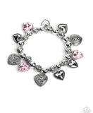 Paparazzi " Charming Crush " Silver Metal & Pink Rhinestone Multi Heart Charm Bracelet