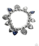 "Charming Crush" Silver Metal & Blue Rhinestone Multi Heart Charm Bracelet