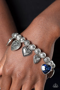 "Charming Crush" Silver Metal & Blue Rhinestone Multi Heart Charm Bracelet