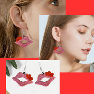 Sexy Acrylic PINK Glitter Lipstick Lips with RED Double Heart Accent Pair of Earrings