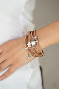 " Canyon Flight " Tan Suede Silver & White Bead Bird Charm Clasp Bracelet